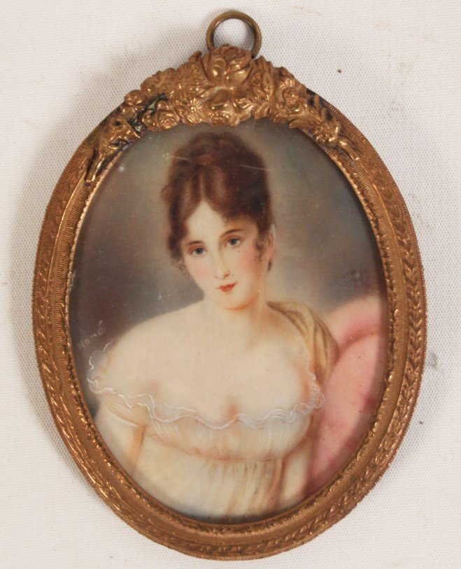 SIGNED OVAL PORTRAIT MINIATURE OF WOMAN: SIGNED OVAL PORTRAIT MINIATURE OF WOMAN IN GOLD GILT METAL FRAME; NOT EXAMINED OUT OF FRAME; 4"H X 3"W