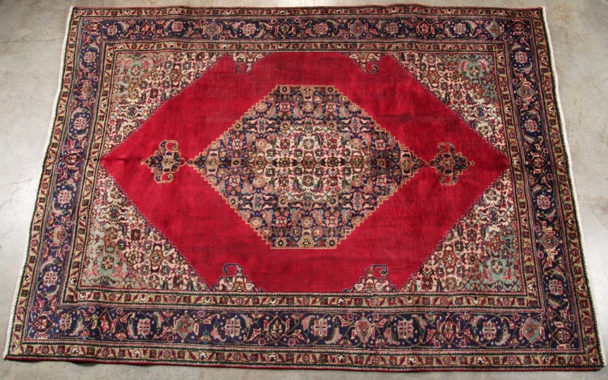 ORIENTAL RUG 7'3" X 9'10" TABRIZ: ORIENTAL RUG 7'3" X 9'10" TABRIZ; CONDITION: LOW NAP WITH SUBSTANTIAL AREAS OF RE-STAINING