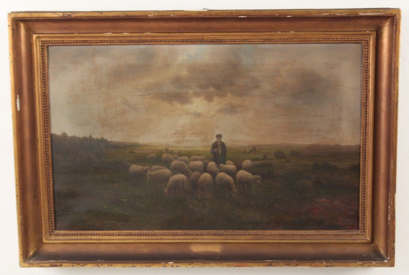 F. SCHHMIDT, OIL ON CANVAS PAINTING OF A SHEPHERD AND: OIL ON CANVAS PAINTING OF A SHEPHERD AND HIS FLOCK, SIGNED LOWER LEFT F. SCHMIDT; 16.5"H X 27"W IMAGE, 21"H X 32"W OVERALL
