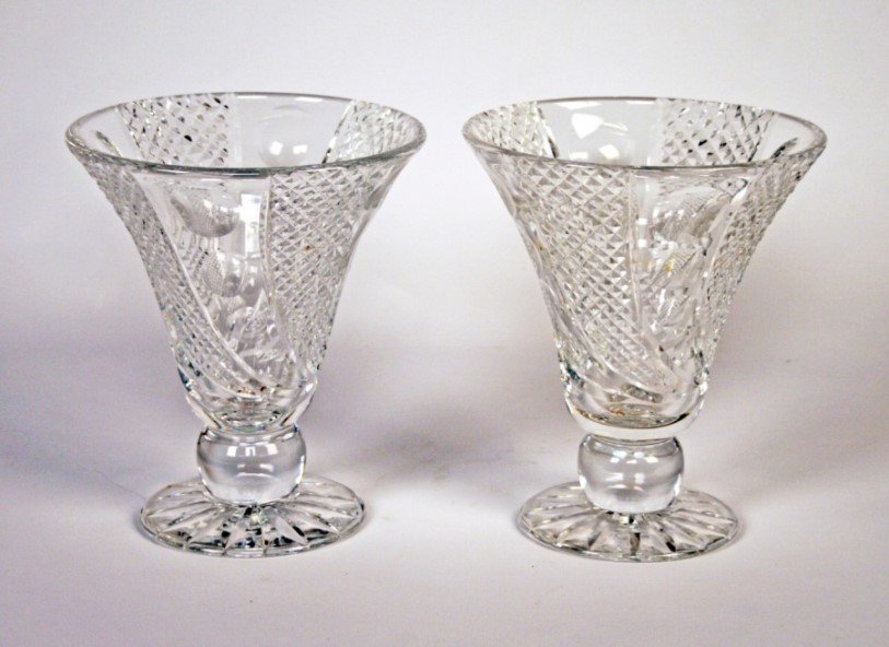 PAIR OF IRISH FLUTED SHAPED CUT CRYSTAL VASES: PAIR OF IRISH FLUTED SHAPED CUT CRYSTAL VASES; 8"H X 7"DIA.
