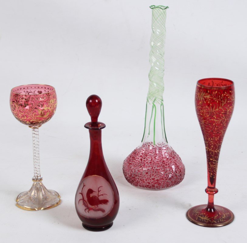 4 PIECE MISCELLANEOUS LOT OF RED BOHEMIAN, MOSER TYPE: 4 PIECE MISCELLANEOUS LOT OF RED BOHEMIAN, MOSER TYPE BLOWN GLASS