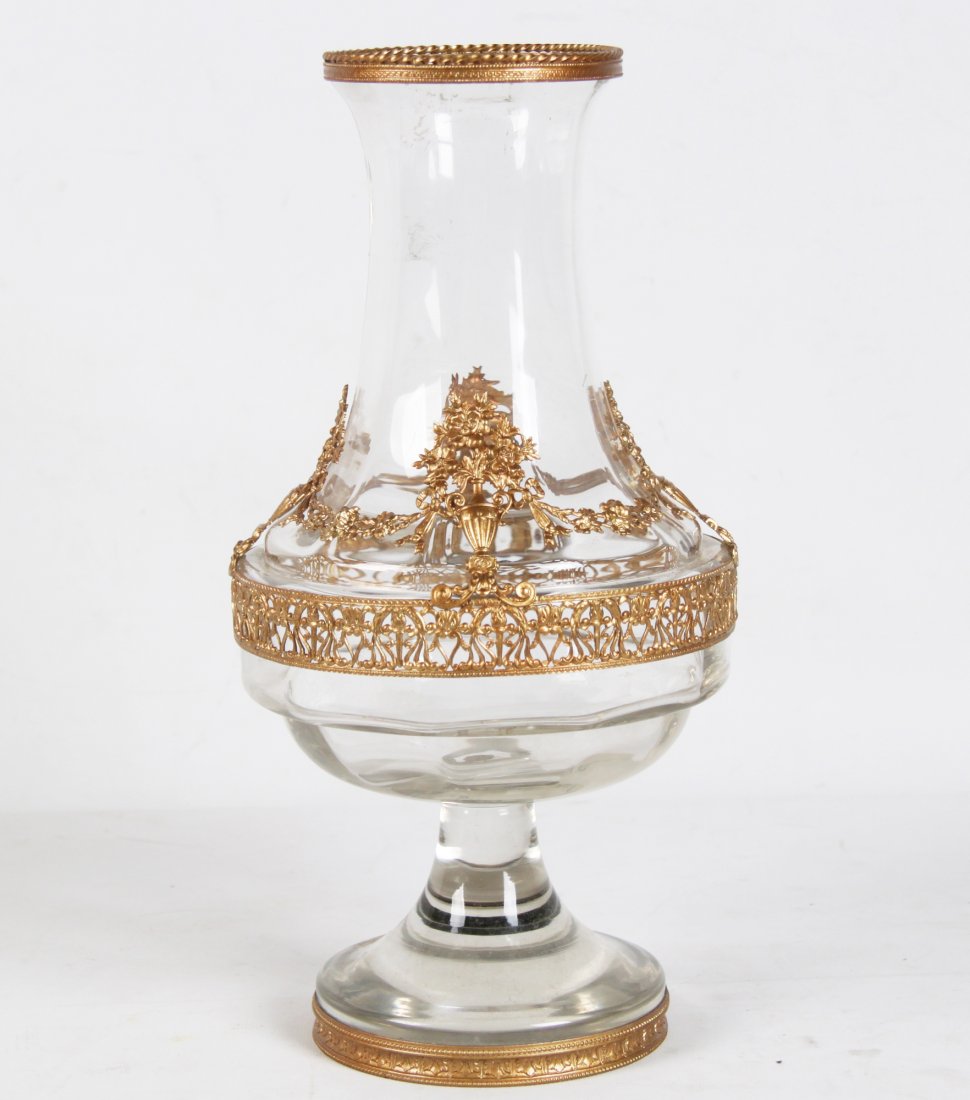 14" FRENCH BACCARAT STYLE GILT METAL AND CRYSTAL VASE: 14" FRENCH BACCARAT STYLE GILT METAL AND CRYSTAL VASE HAVING FINE CAST FLORAL SPRAYS WITH URN MOUNTS, FRANCE, LATE 19TH/20TH C.; 14"H
