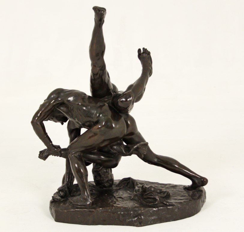 T. CHARPENTIER, FRENCH BRONZE FIGURE OF WRESTLERS: FRENCH BRONZE FIGURE OF WRESTLERS SIGNED ON BASE T. CHARPENTIER; 25"H X 19"W X 10"D