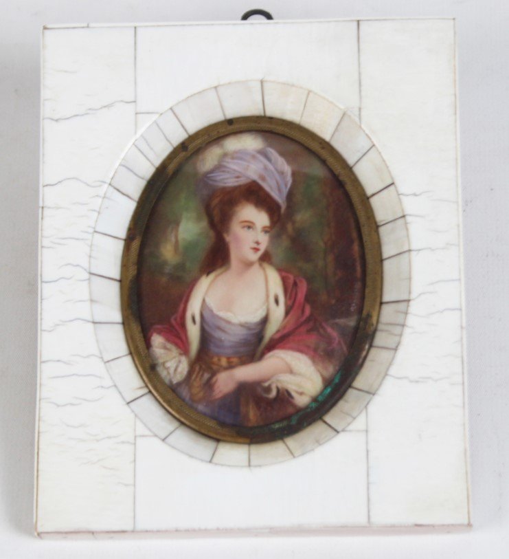 SIGNED MINIATURE PORTRAIT OF WOMAN: SIGNED MINIATURE PORTRAIT OF WELL-COSTUMED WOMAN IN FRAME; 5.5"H X 4.5"W; NOT EXAMINED OUT OF FRAME