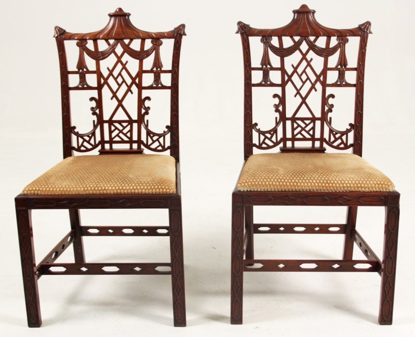PAIR OF CHINESE CHIPPENDALE DESIGN MAHOGANY CHAIRS: PAIR OF CHINESE CHIPPENDALE DESIGN MAHOGANY CHAIRS WITH PIERCED UNDERSTRETCHERS; 39"H X 20"W X 17"D