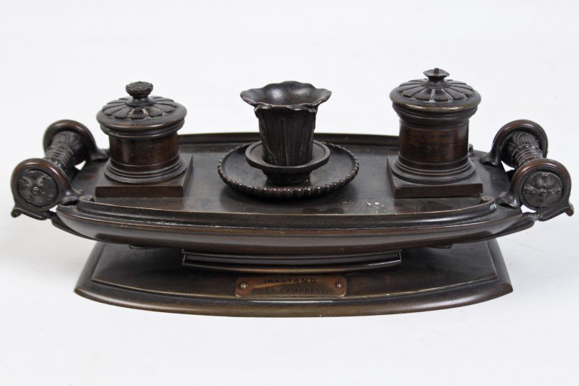 FRENCH RESTORATION PERIOD BRONZE INKWELL: FRENCH RESTORATION PERIOD BRONZE INKWELL, 19TH C.; 5"H X 14"W X 6"D; CONDITION: MISSING LINERS