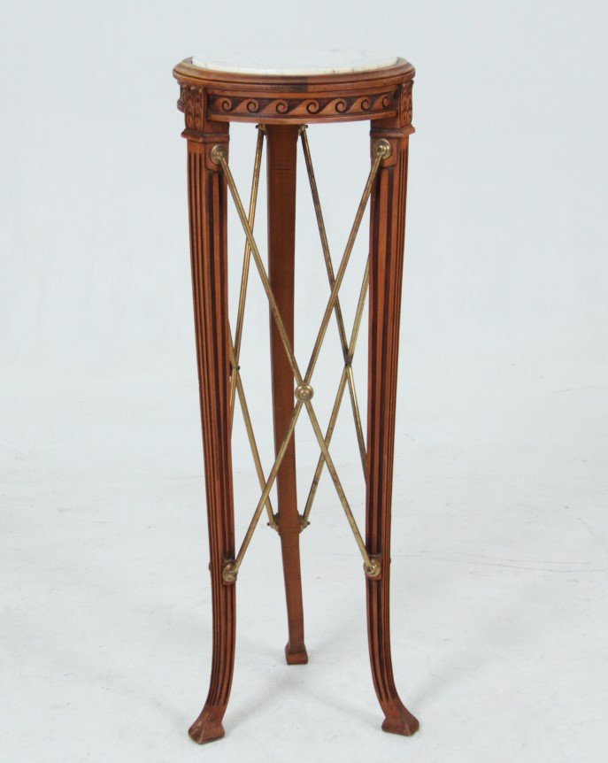 FRENCH REGENCY STYLE WALNUT AND GILT METAL MARBLE TOP: FRENCH REGENCY STYLE WALNUT AND GILT METAL MARBLE TOP PEDESTAL; 42"H X 14.5"DIA.