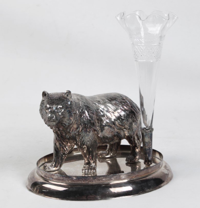 SILVER BEAR AND CRYSTAL CENTER PIECE: SILVER BEAR AND CRYSTAL CENTER PIECE MARKED ON REVERSE A&M LON CO.; 12"H X 11"W