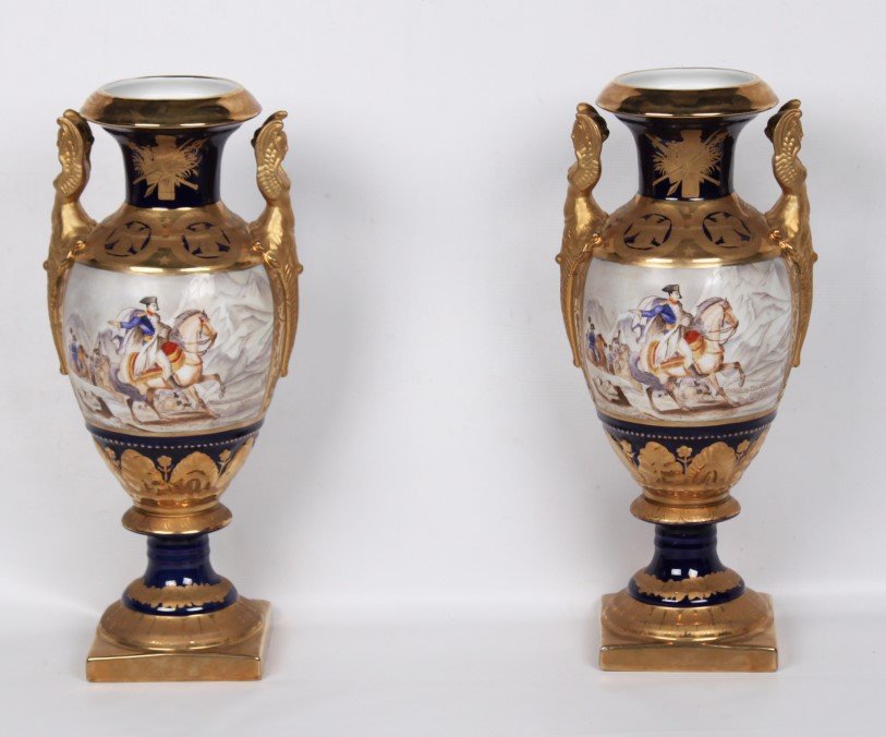 PAIR OF EMPIRE STYLE PORCELAIN URNS: PAIR OF EMPIRE STYLE PORCELAIN URNS; 16.5"H