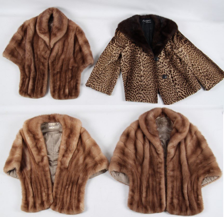 GROUP OF 4 NATURAL FUR WOMEN'S COATS: GROUP OF 4 NATURAL FUR WOMEN'S COATS INCLUDING 3 MINK STOLES, 1 MINK AND LEOPARD , PICKETTS CHATTANOOGA