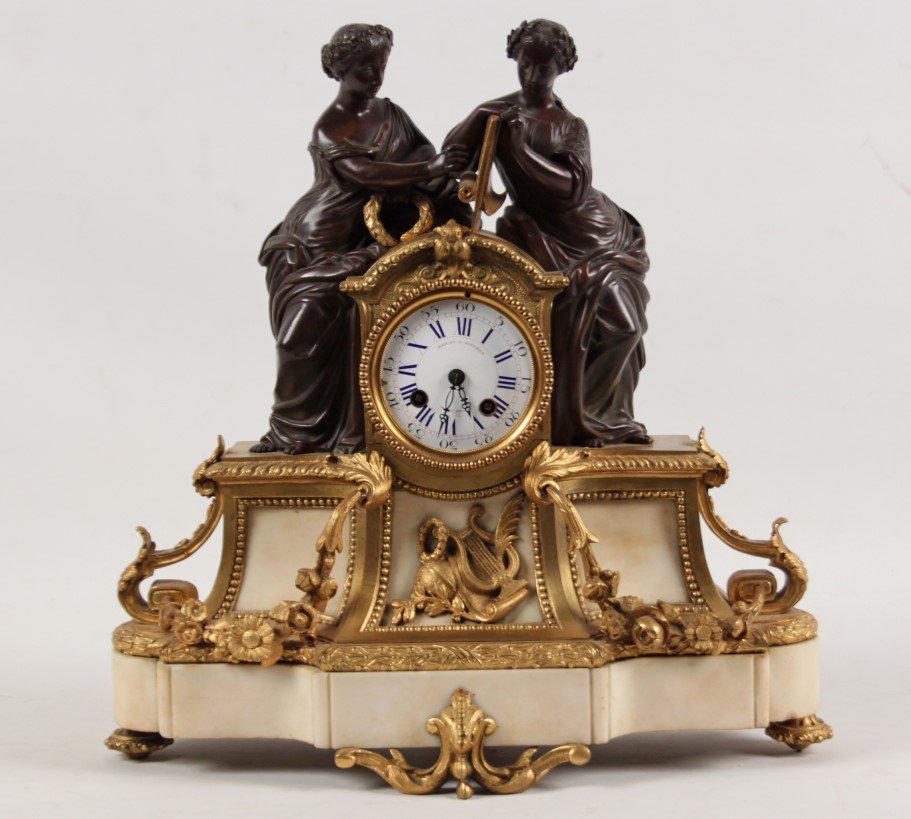FRENCH DORE BRONZE AND CREAM MARBLE FIGURAL CLOCK (1 of 3)