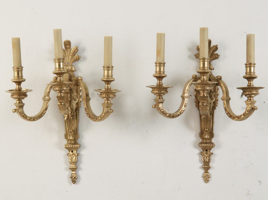 PAIR OF REGENCY STYLE GILT BRONZE 3 LIGHT WALL SCONCES (1 of 2)