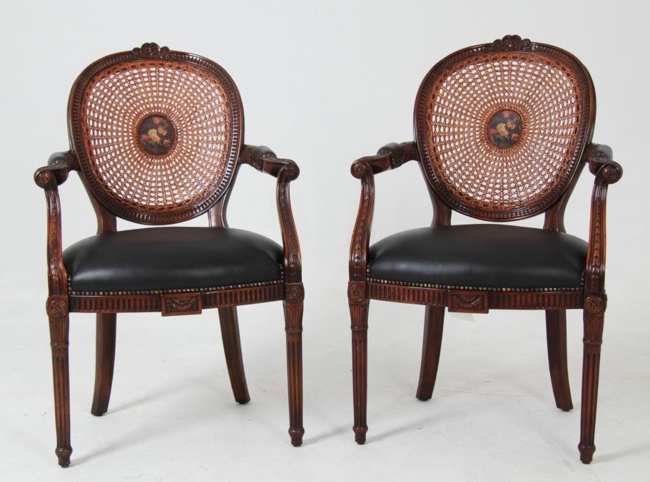 PAIR OF LOUIS XVI STYLE MAHOGANY AND LEATHER SEAT: PAIR OF LOUIS XVI STYLE MAHOGANY AND LEATHER SEAT CHAIRS HAVING CANE AND FLORAL HAND PAINTED MEDALLION BACK; 38"H X 24"W X 19"D
