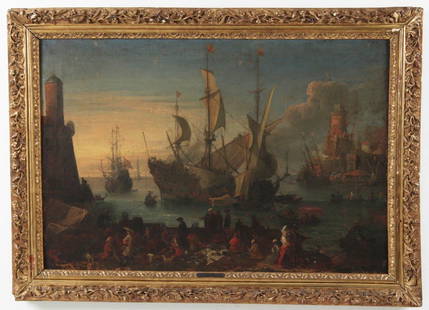 J.B. WEENIX, 17TH C. EUROPEAN HARBOUR SCENE OIL ON: IMPORTANT 17TH C. EUROPEAN OIL ON CANVAS HARBOUR SCENE PAINTING ATTRIBUTED TO J.B. WEENIX 1620-1662; 24.5"H X 36.75"W IMAGE, 31"H X 43.5"W OVERALL; CONDITION: LINED, CRAQUELURE, 4 TO 5 SMALL PIN HOLES