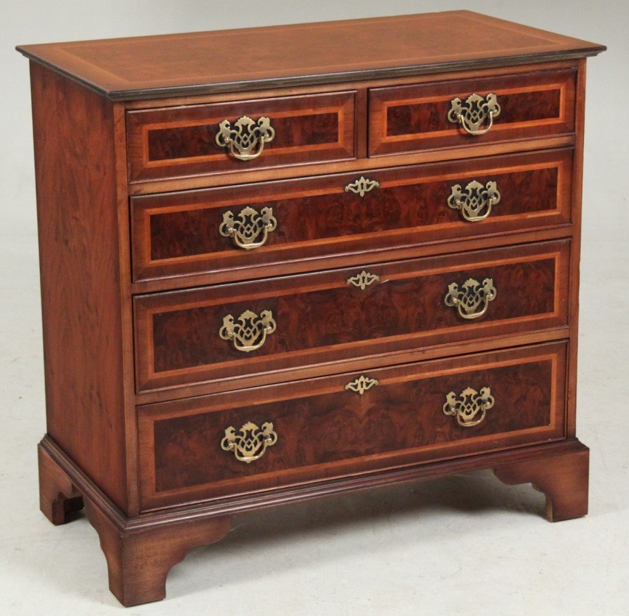 ENGLISH BURL WALNUT AND HERRINGBONE INLAID 5 DRAWER: ENGLISH BURL WALNUT AND HERRINGBONE INLAID 5 DRAWER CHEST ON BRACKET FEET; 35"H X 36"W X 19.5"D