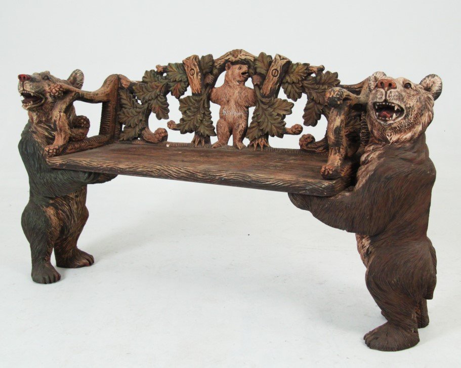BLACK FOREST POLYCHROME CARVED BEAR FORMED BENCH (1 of 4)
