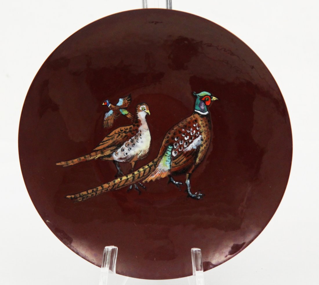 R. COMBS, PAINTING OF EXOTIC BIRDS ON ENAMEL: PAINTING OF EXOTIC BIRDS ON ENAMEL SIGNED ON REVERSE R. COMBS; 8" DIA.
