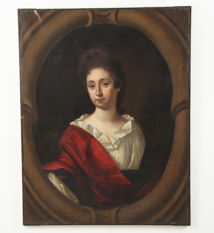 OIL ON CANVAS PORTRAIT OF LADY: OIL ON CANVAS PORTRAIT OF LADY IN WHITE RUFFLED TOP WITH RED DRAPE, UNFRAMED; 39"H X 30.5"W