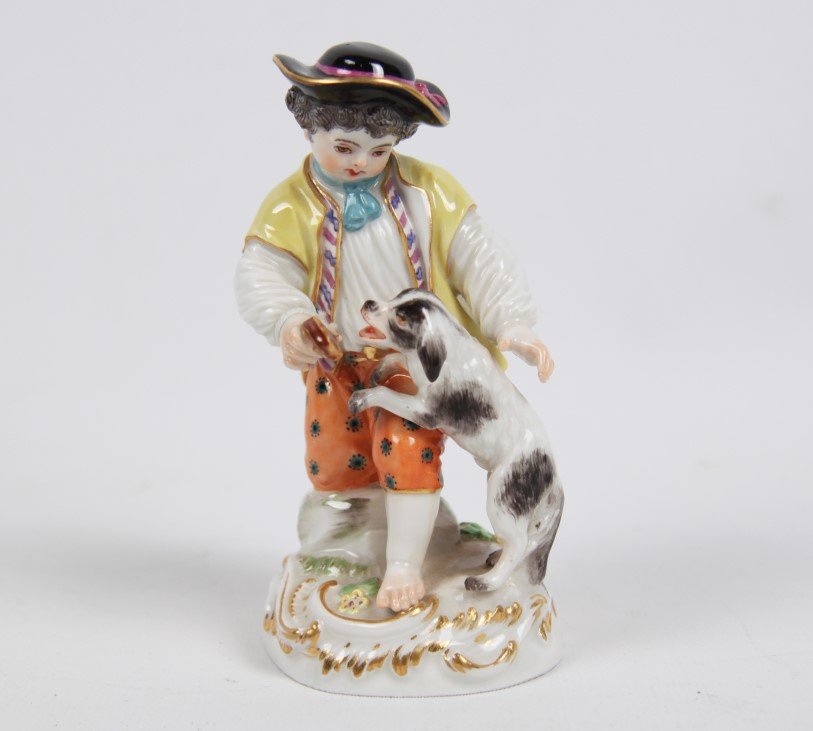 MEISSEN PORCELAIN FIGURE OF YOUNG BOY FEEDING DOG (1 of 3)