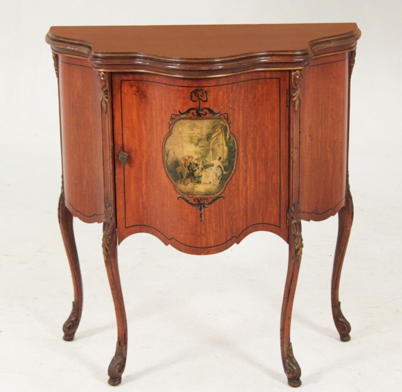 SERPENTINE SATINWOOD AND MAHOGANY COMMODE (1 of 2)