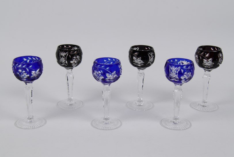 6 BOHEMIAN CUT TO CLEAR STEMMED LIQUORS: 6 BOHEMIAN CUT TO CLEAR STEMMED LIQUORS; 4.5"H