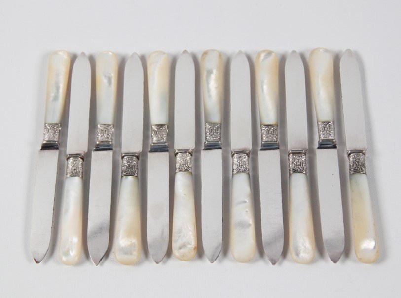 SET OF 12 GORHAM SILVER AND MOTHER OF PEARL FISH KNIVES (1 of 3)