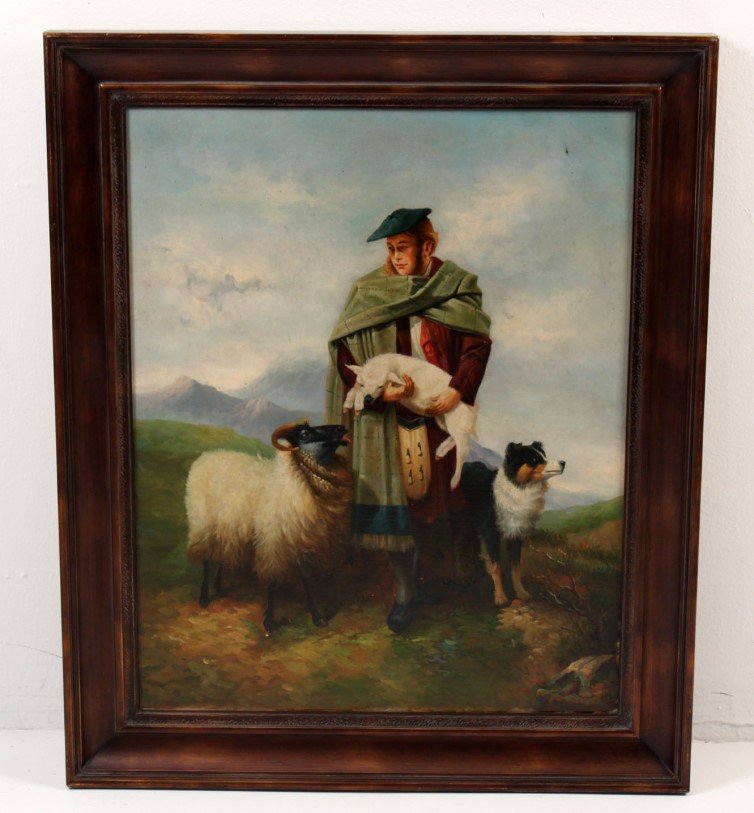 OIL ON CANVAS SCOTTISH HIGHLAND SCENE PAINTING: OIL ON CANVAS SCOTTISH HIGHLAND SCENE PAINTING OF MAN WITH SHEEP AND DOG, 20TH C.; 36.5"H X 31"W
