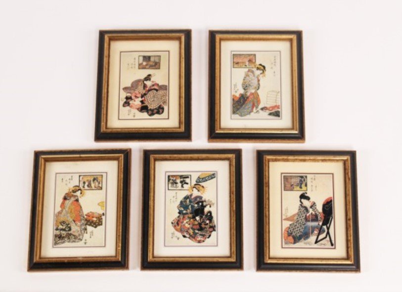 GROUP OF 5 MISCELLANEOUS FRAMED HANDPAINTED ORIENTAL: GROUP OF 5 MISCELLANEOUS FRAMED HANDPAINTED ORIENTAL LITHOGRAPHS; 6"H X 5"W