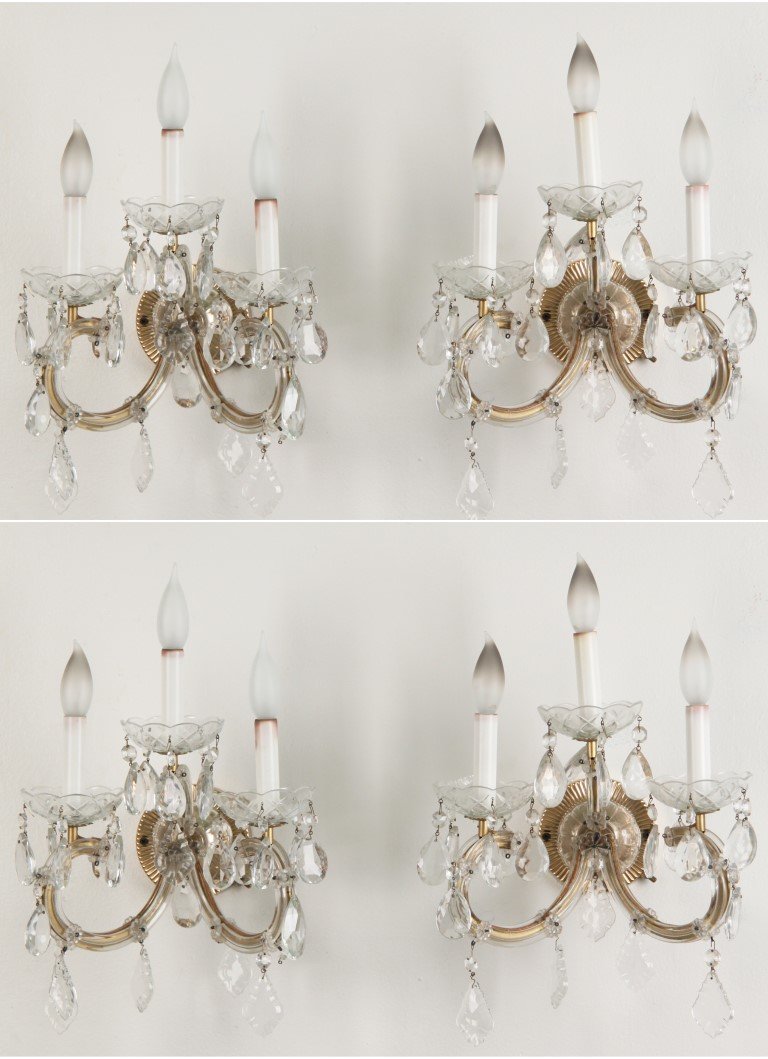 SET OF 4 MARIA THERESA STYLE CRYSTAL SCONCES: SET OF 4 MARIA THERESA STYLE CRYSTAL AND GILT METAL SCONCES; 14"H X 12"W