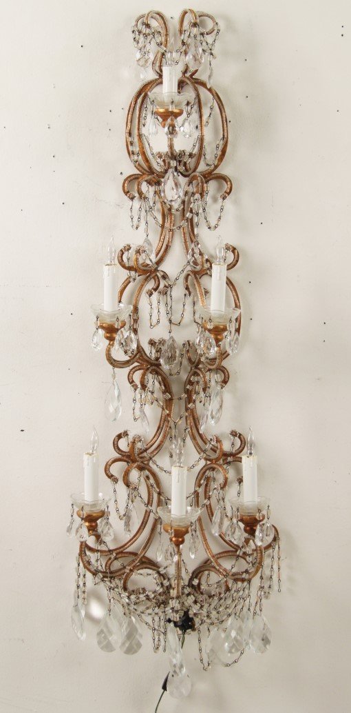 6 LIGHT VENETIAN CRYSTAL WALL SCONCE: ELABORATE 6 LIGHT VENETIAN CRYSTAL WALL SCONCE; 45"H X 32" X 10"D