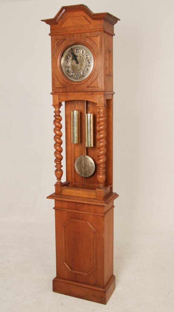 GERMAN OAK OPEN WELL 2 WEIGHT GRANDFATHER CLOCK (1 of 4)