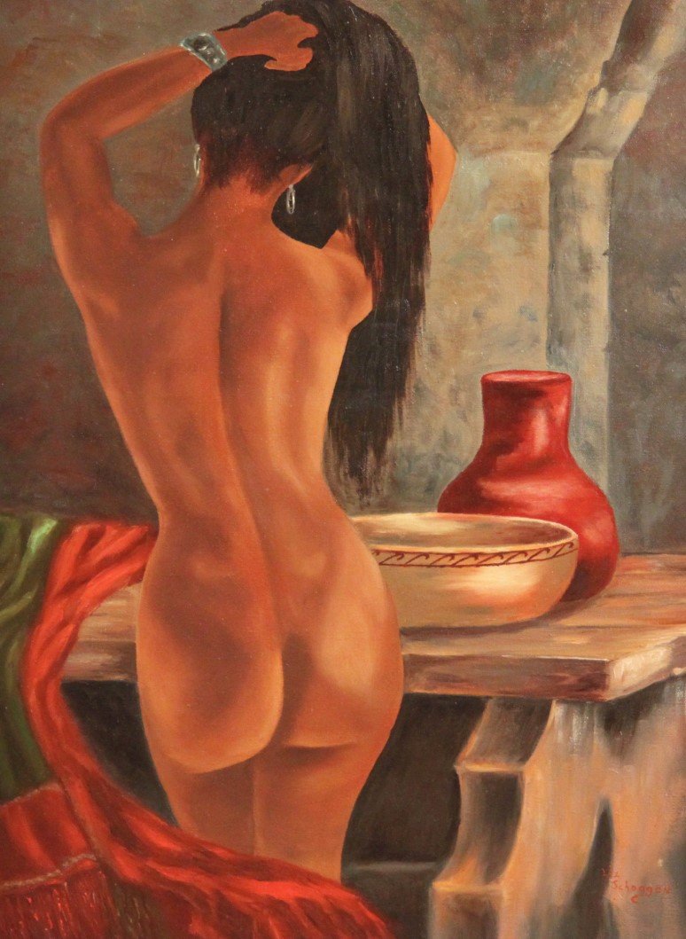 SCHOGGEN, OIL ON CANVAS OF NUDE IN INTERIOR SCENE: OIL ON CANVAS OF NUDE IN INTERIOR SCENE; STUDY WORK BY LIZ SCHOGGEN, SIGNED IN LOWER RIGHT, AFTER BILL HAMPTON (1925-1977); 31.5"H X 25.5"W FRAME, 23.5"H X 17.5"W CANVAS