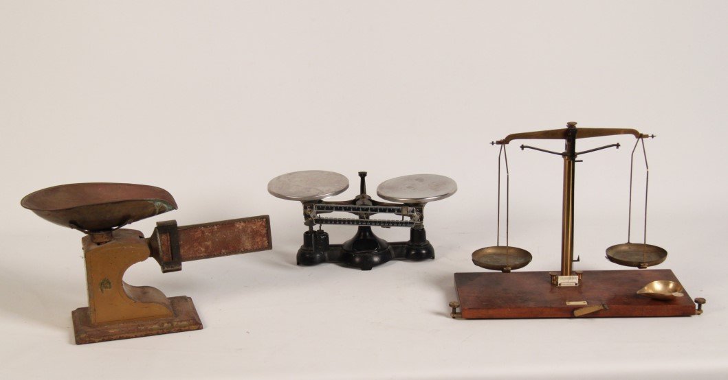 3 PIECE LOT OF BRASS AND IRON ANTIQUE SCALES (1 of 4)