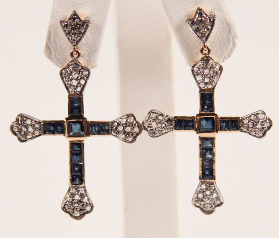 PAIR OF 18K DIAMOND AND BLUE SAPPHIRE EARRINGS (1 of 1)