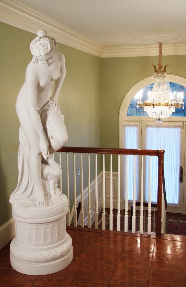 LARGE LIFE SIZE COMPOSITION STATUE OF NUDE: LARGE LIFE SIZE COMPOSITION STATUE OF NUDE AFTER "THE BATHER" SIGNED ON BASE DAL TORRIONE 1245; 80"H