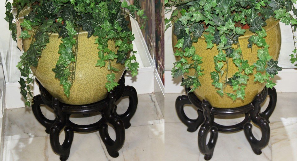 PAIR OF PORCELAIN FISH BOWLS ON STANDS: PAIR OF CELERY GREEN PORCELAIN FISH BOWLS ON STANDS WITH TOPIARY; 24"H X 18"DIA. BOWL AND STAND ONLY, 70"H OVERALL W/ TOPIARY