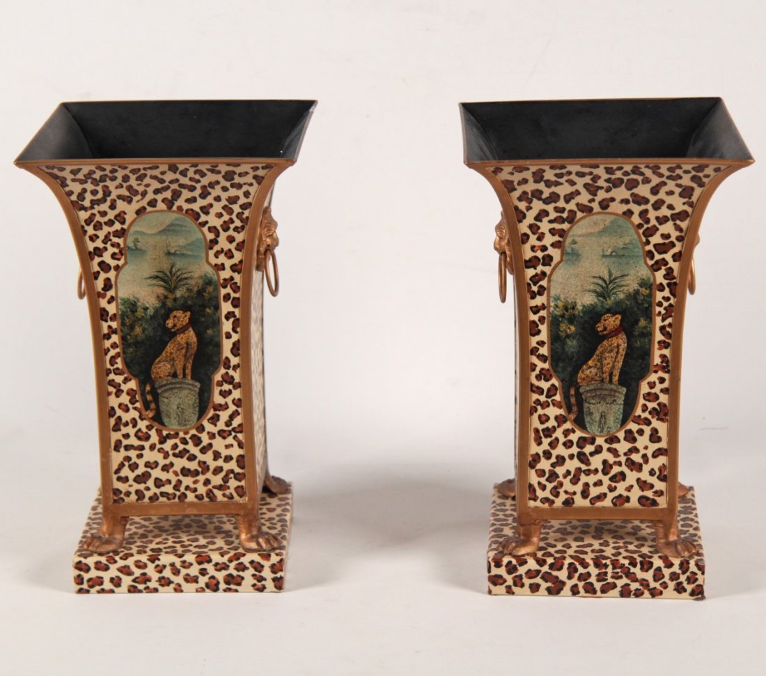 PAIR OF DECORATIVE CHEETAH PATTERN TOLE URNS: PAIR OF DECORATIVE CHEETAH PATTERN TOLE URNS; 12"H