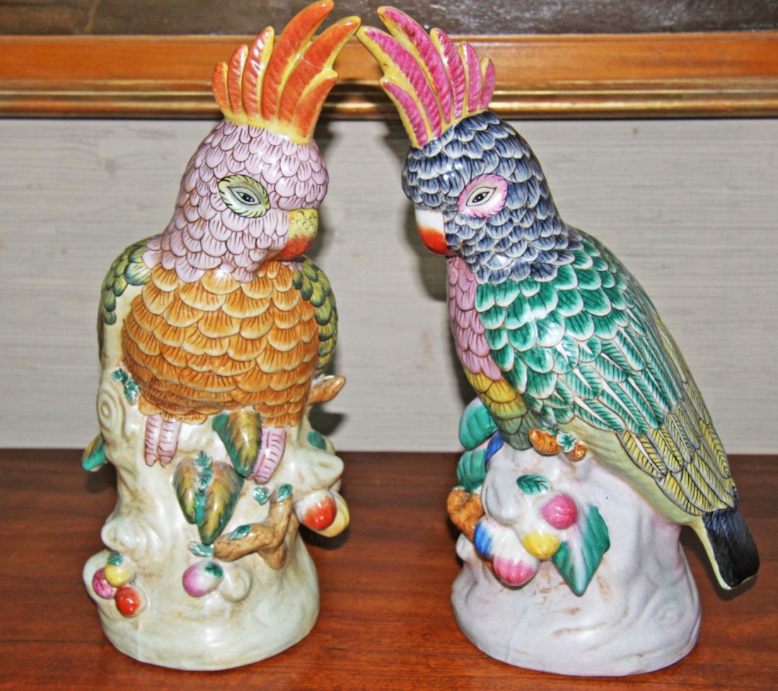 PAIR OF DECORATIVE PORCELAIN COCKATOOS: PAIR OF DECORATIVE PORCELAIN COCKATOOS; 17.5"H