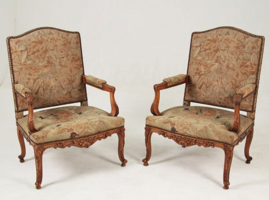 PAIR OF LOUIS XV STYLE CARVED WALNUT FAUTEUILS (1 of 3)