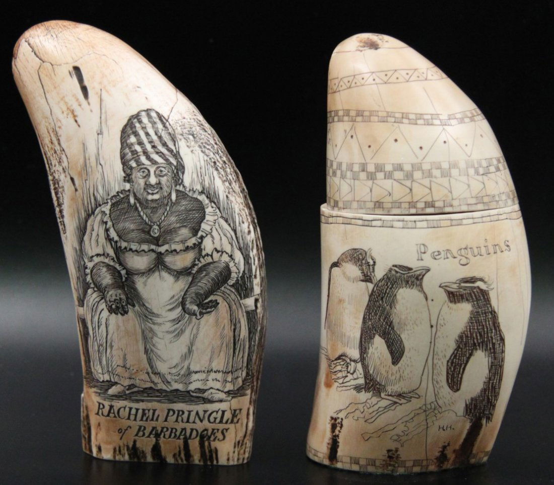 2 SCHRIMSHAW STYLE BONE COMPOSITES: 2 SCHRIMSHAW STYLE BONE COMPOSITES, ONE READING "RACHEL PRINGLE OF BARBADOES, THE OTHER IN 2 PARTS WITH OPEN WELL READING "CHALLENGER IN THE SOUTH ATLANTIC T. THOMASON BOSUN 1875, AND ON REVERSE READI