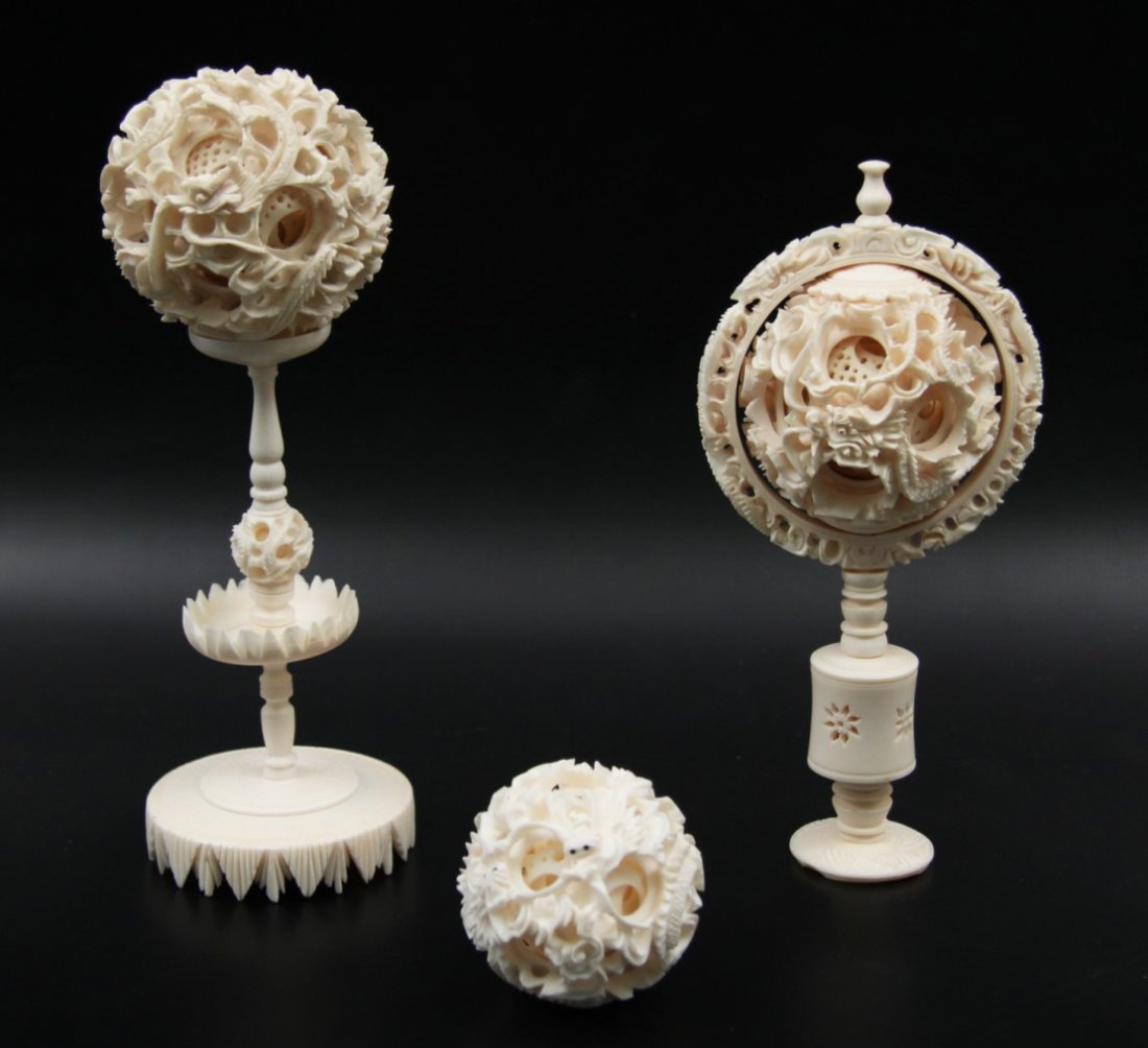 GROUP OF 3 MISCELLANEOUS IVORY "MYSTERY BALL" CARVINGS (1 of 4)