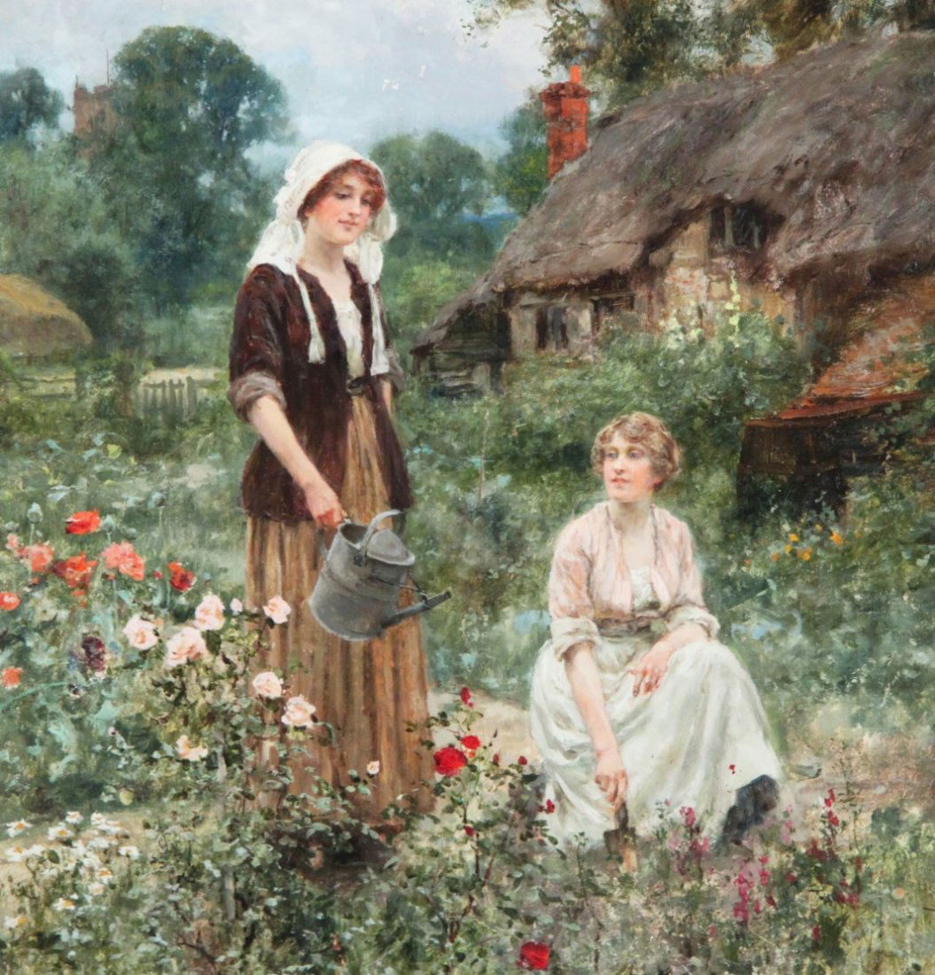 YEEND KING,  19TH C. OIL ON CANVAS "WATERING THE ROSES" (1 of 4)