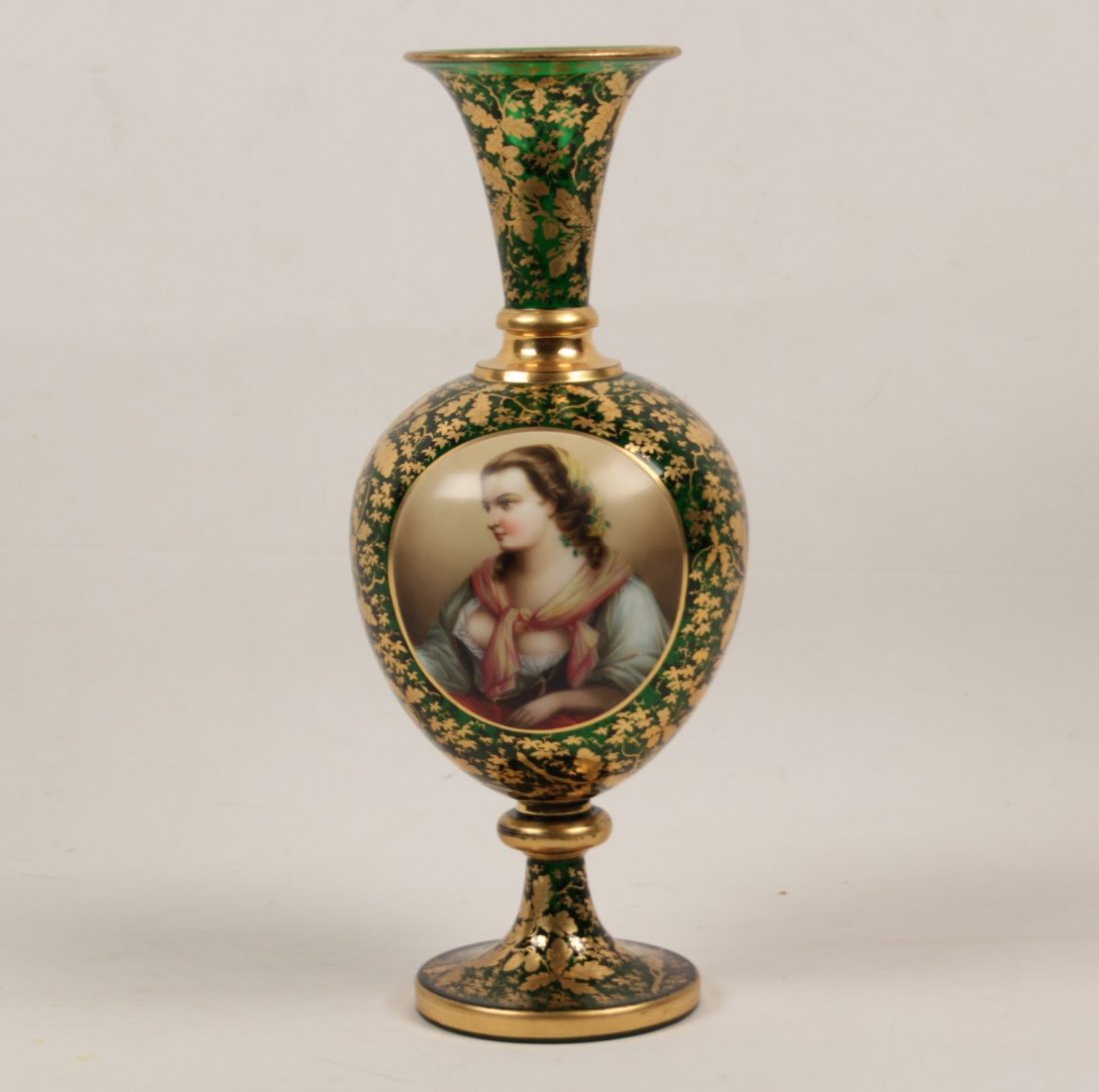 15" GREEN MOSER GLASS ENAMELED PORTRAIT URN: 15" GREEN MOSER GLASS AND GOLD ENCRUSTED ENAMELED PORTRAIT URN; 15"H
