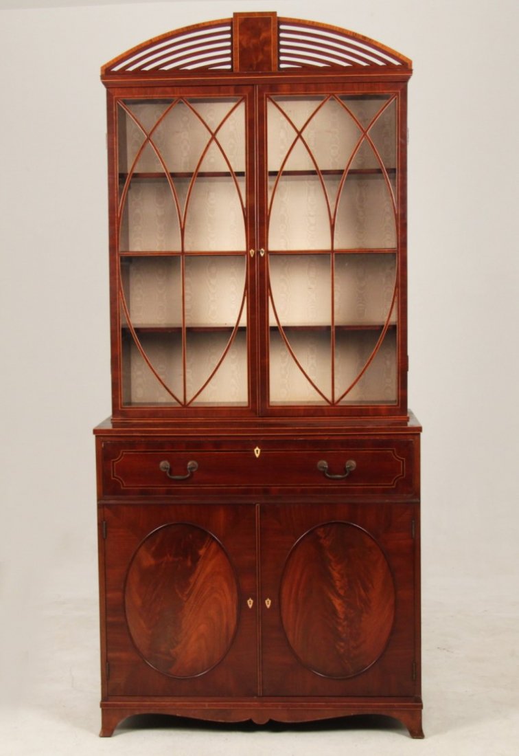 SHERATON STYLE INLAID MAHOGANY SECRETAIRE BOOKCASE: SHERATON STYLE INLAID MAHOGANY SECRETAIRE BOOKCASE WITH SATINWOOD FITTED INTERIOR AND BROWN TOOLED LEATHER WRITING SURFACE; 91"H X 40.5"W X 21"D