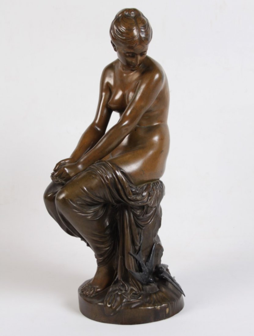 PEIFFER, SIGNED 19TH C. FRENCH BRONZE OF YOUNG WOMAN: 19TH C. FRENCH BRONZE FIGURE OF A PARTIALLY NUDE SEATED YOUNG WOMAN ADMIRING BIRDS NEARBY SIGNED ON REVERSE, PEIFFER, INSCRIBED ALONG CIRCULAR BASE "GUSSE FES EDT PARIS" WITH IMPRESSED FOUNDRY SEAL; 1