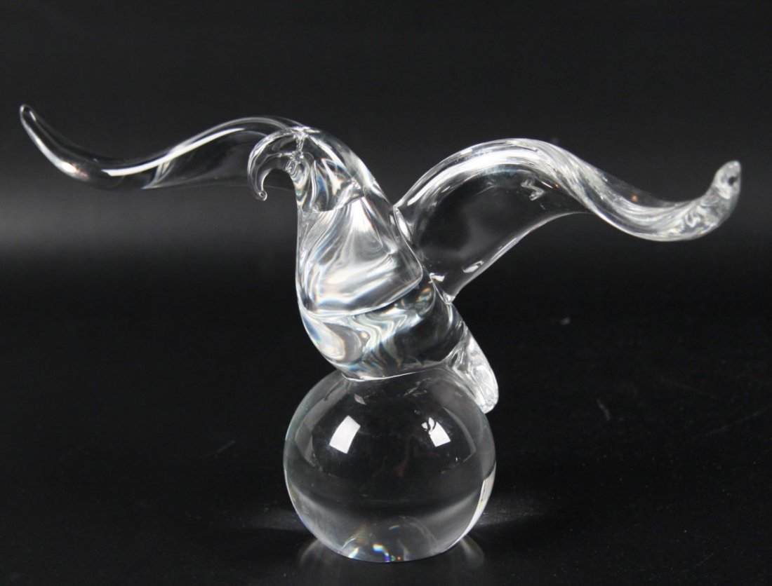 SIGNED STEUBEN CRYSTAL SCULPTURE OF BIRD ON SPHERE (1 of 2)