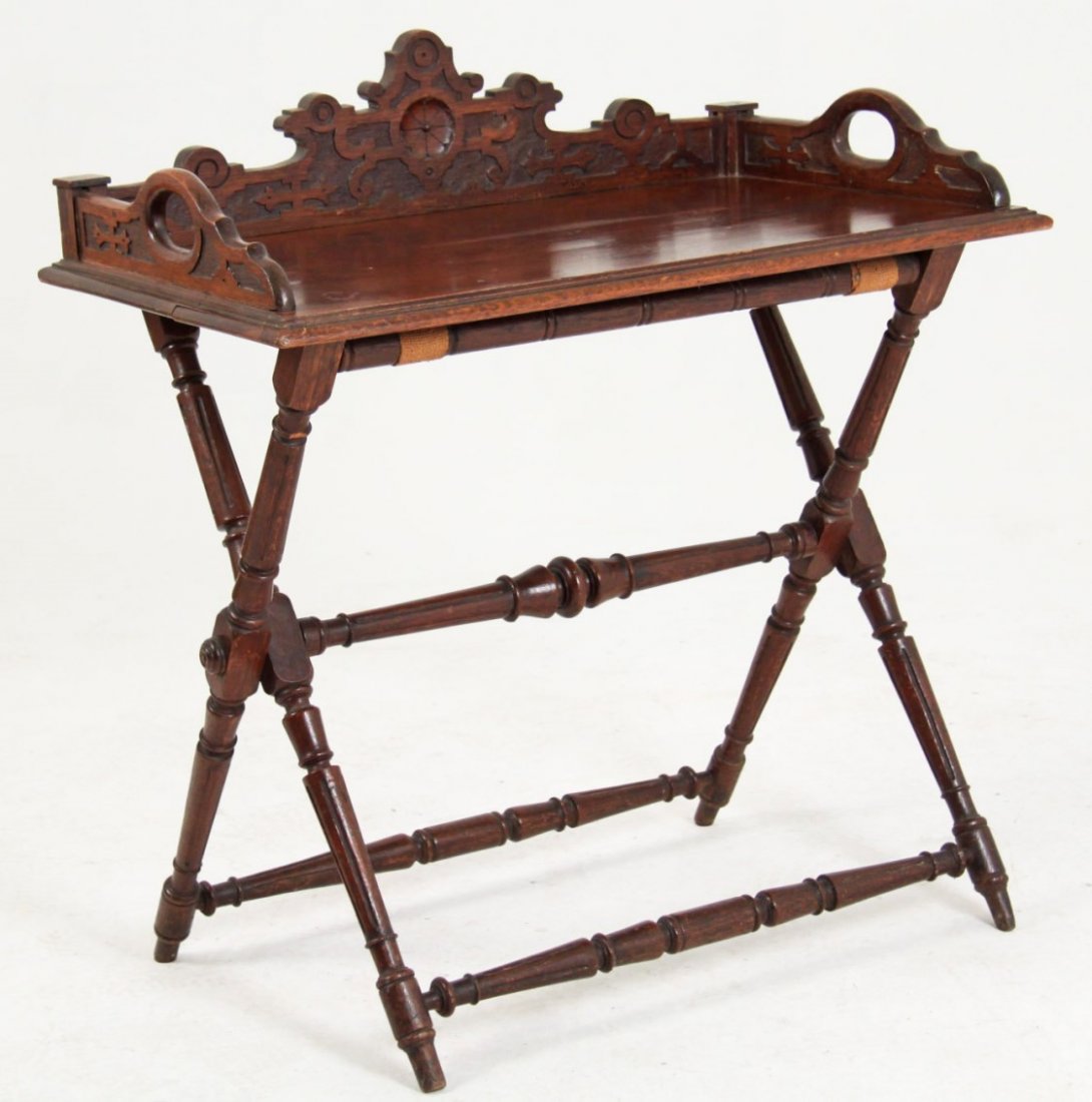 ENGLISH OAK CARVED LIFT TOP BUTLER'S TRAY ON STAND (1 of 2)