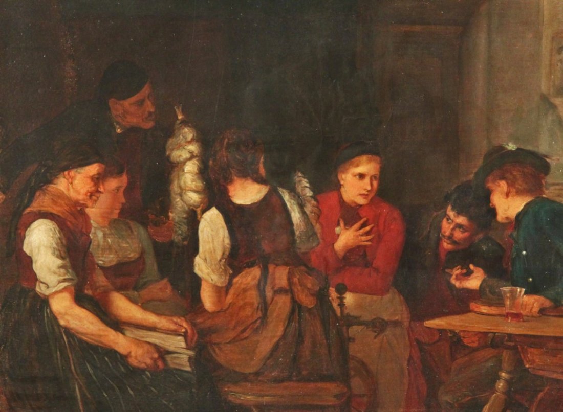 LARGE 19TH C. EUROPEAN FIGURAL INTERIOR SCENE PAINTING (1 of 3)