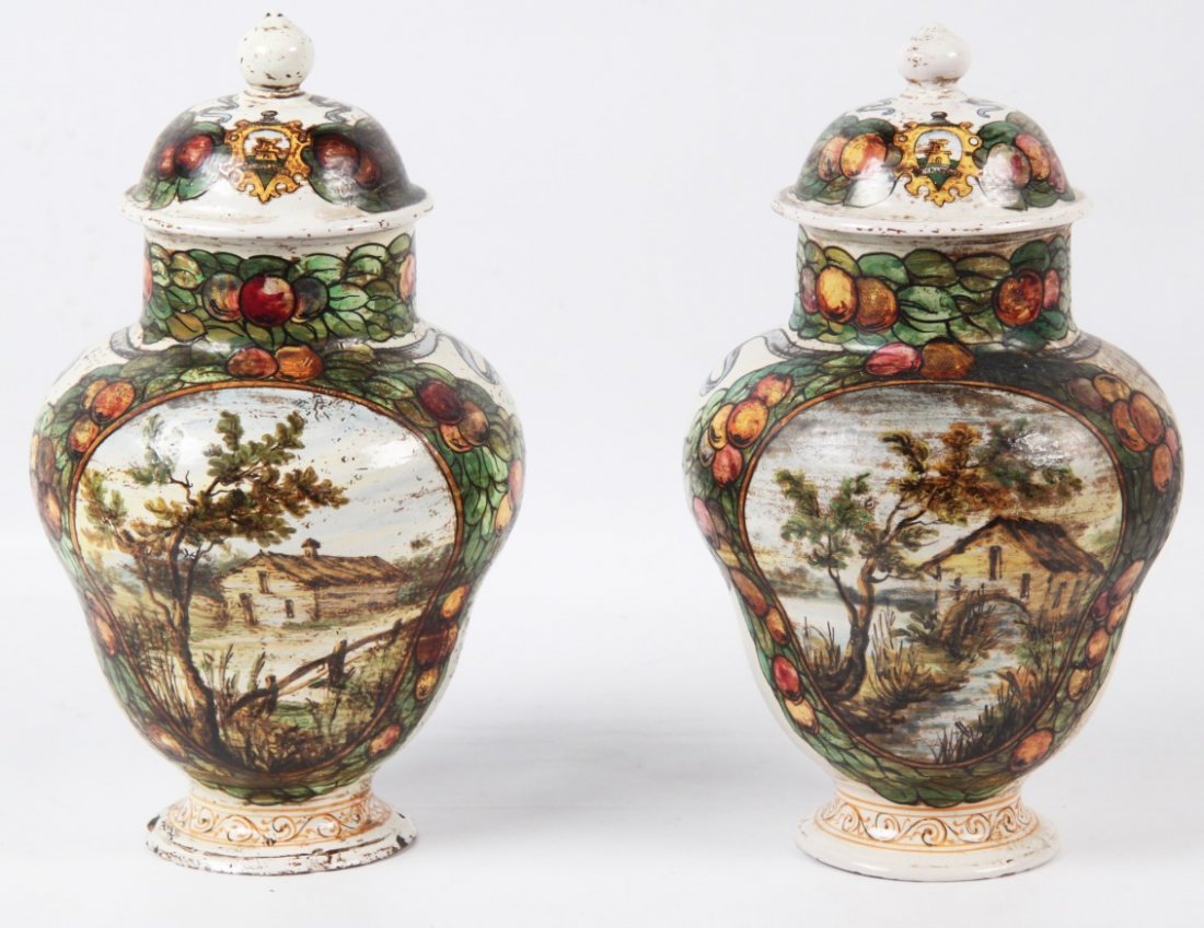 PAIR OF GLAZED ITALIAN FAIENCE CAPPED JARS (1 of 3)