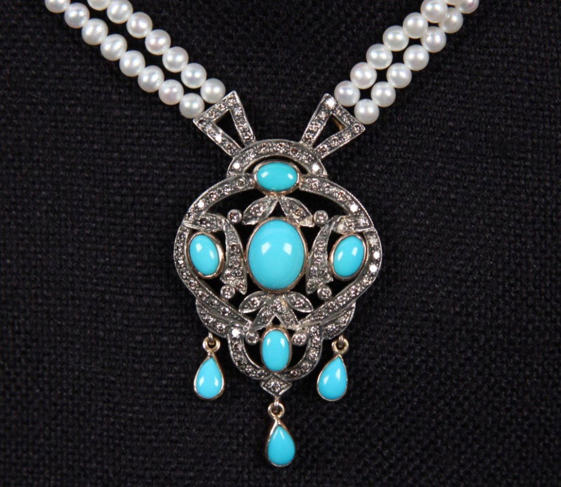 18K GOLD PEARL, DIAMOND AND TURQUOISE NECKLACE (1 of 2)